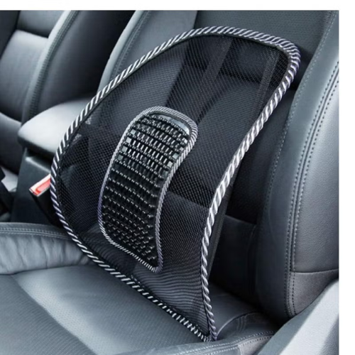Comfort Mesh Ergonomic Back and Lumbar Support Pillow on a car seat for improved posture and comfort.