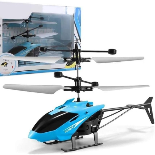 SkyHover Remote Control Inductive Suspension Helicopter Toy in blue with packaging background.